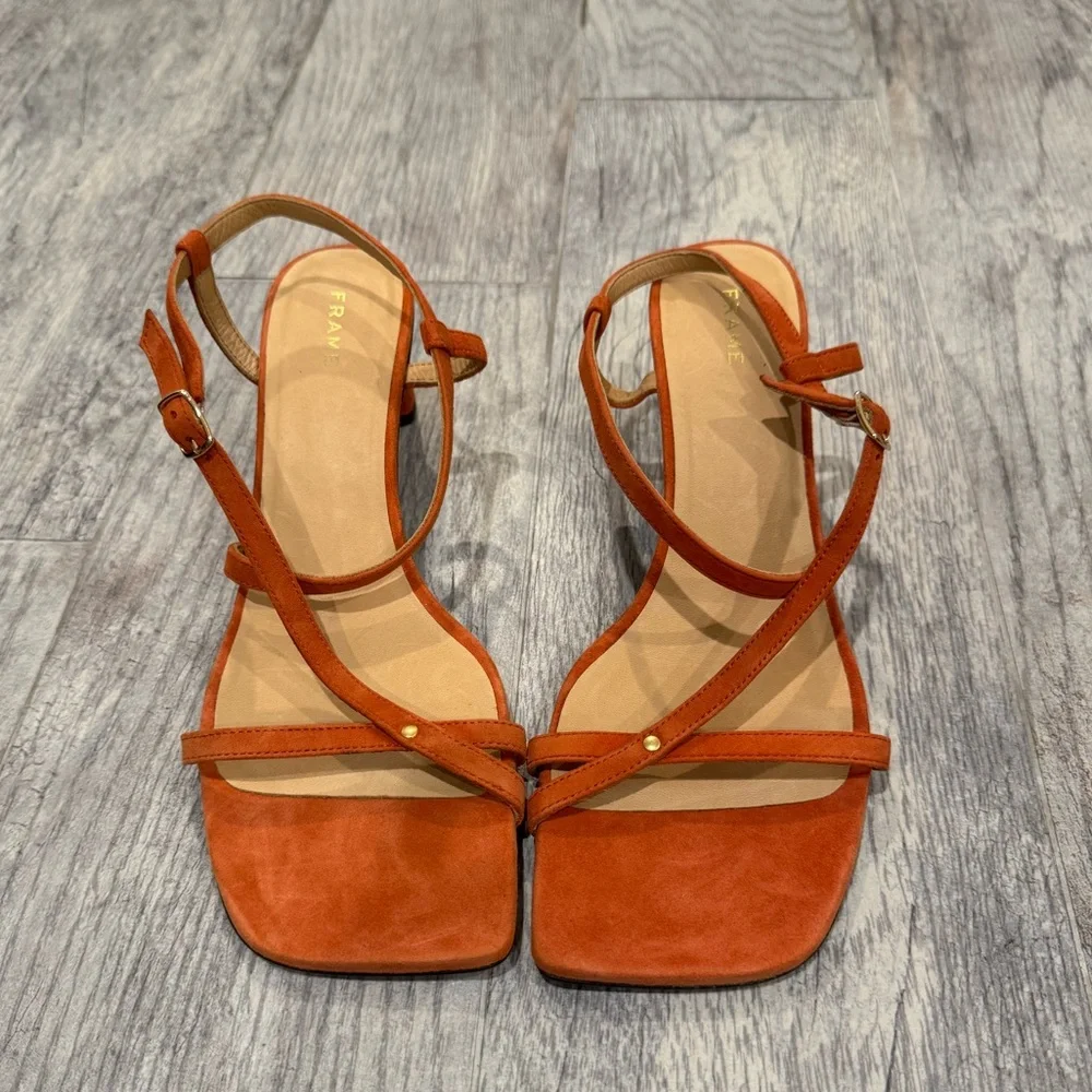 New Frame Orange suede Le Braxton strappy sandal heels